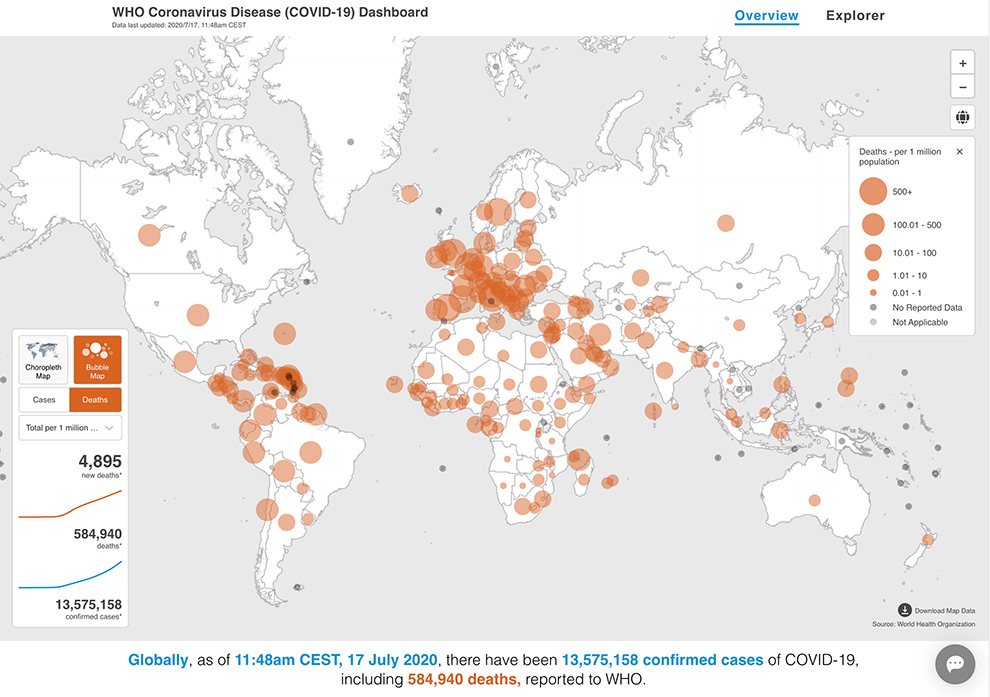 The World Health Organization map shows how countries are affected by COVID-19.