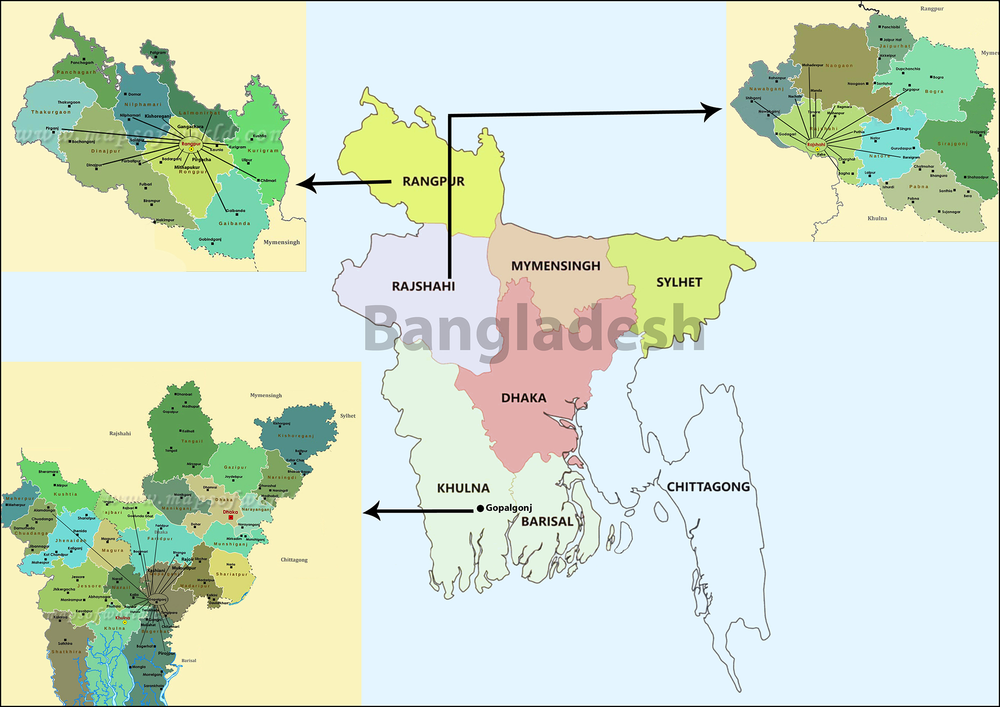 Map of Bangladesh showing the locations of various vision centres.