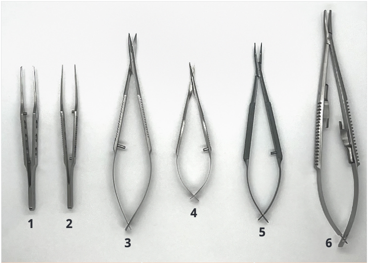 Figure 1: A basic set of instruments used for ophthalmic microsuturing. From left to right: St Martin forceps, suture tying forceps, Westcott curved scissors, Vannas straight scissors, Barraquer needle holders, and Castroviejo needle holders. (Photo:  Rebecca Jones CC BY-NC-SA 4.0)